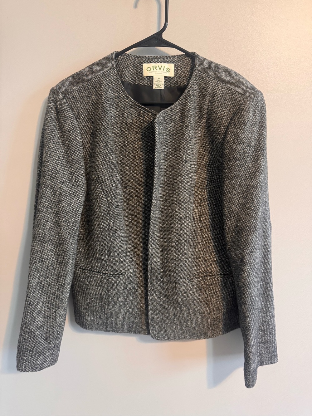 Orvis Women's Size 14 Gray Wool Tweed Collarless Blazer Jacket